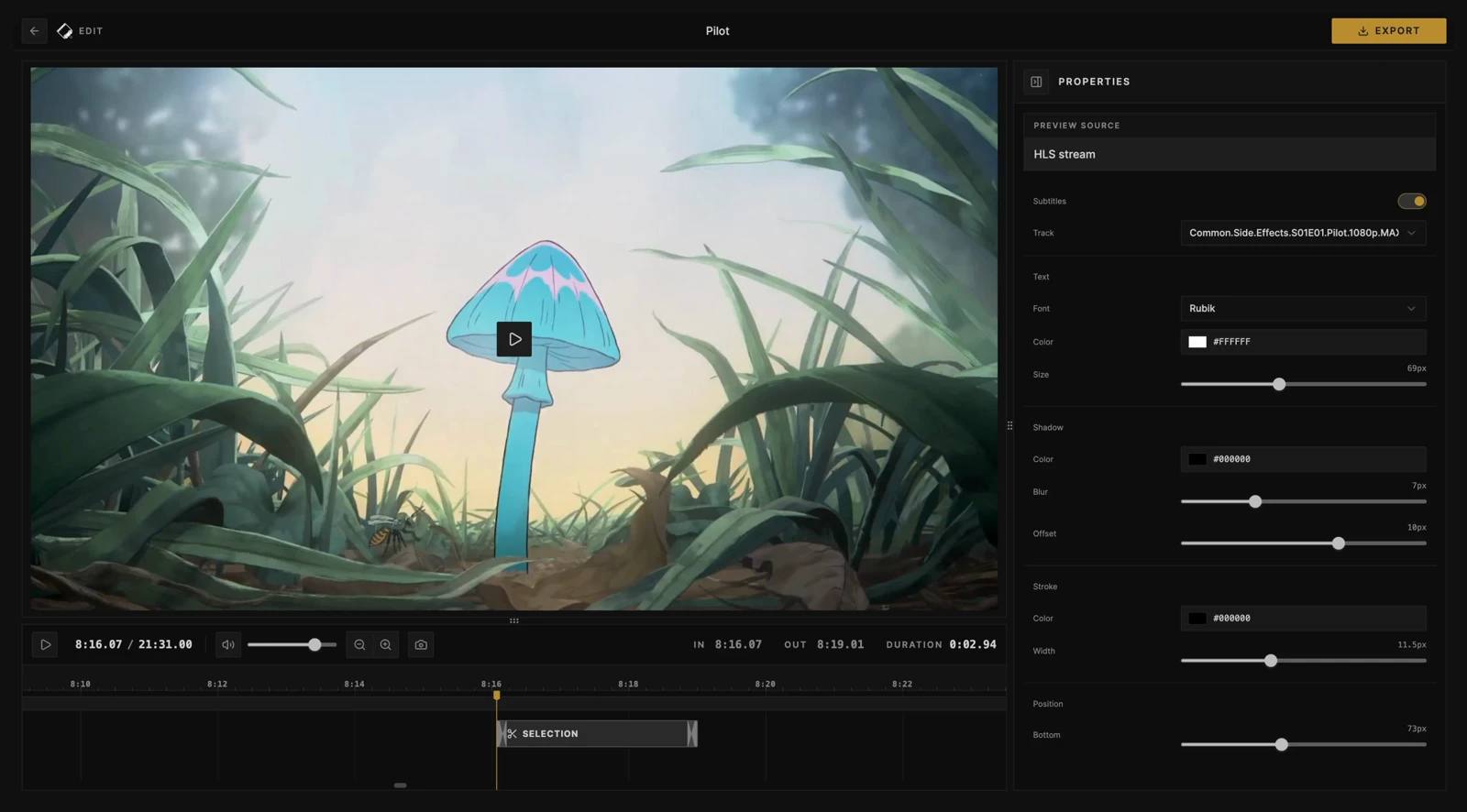 Cliparr editor showing a video preview, playback controls, and timeline clip selection.